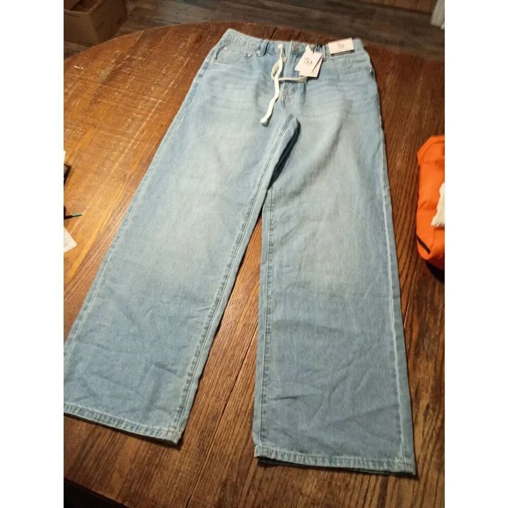 New Sincerely Jules NWT High Rise Baggy Wide Leg Jeans Drawstring Size 7 / 28